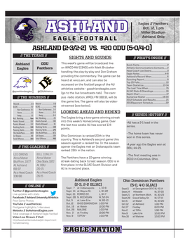 ASHLAND Miller Stadium EAGLE FOOTBALL Ashland, Ohio ASHLAND (2-3/2-2) VS