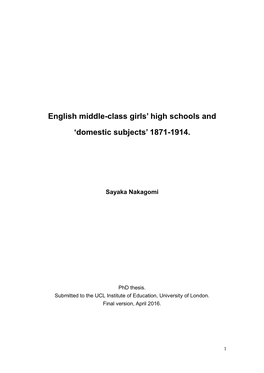 English Middle-Class Girls' High Schools and 'Domestic Subjects'