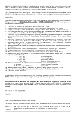 Proceedings of the Livingston Parish School Board Taken at a Special Session Held at the Livingston Parish School Board Office