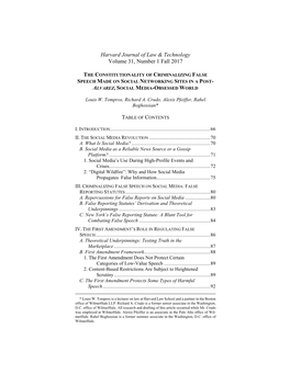 The Constitutionality of Criminalizing False Speech Made on Social Networking Sites in a Post- Alvarez, Social Media-Obsessed World