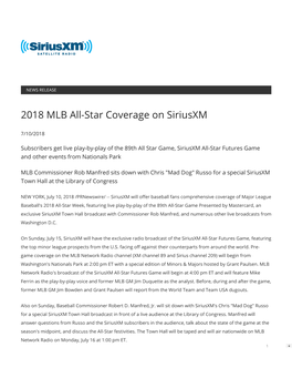 2018 MLB All-Star Coverage on Siriusxm