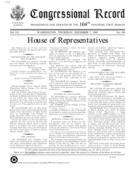 Congressional Record United States Th of America PROCEEDINGS and DEBATES of the 104 CONGRESS, FIRST SESSION