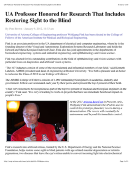 UA Professor Honored for Research That Includes Restoring Sight to the Blind 9/16/12 1:59