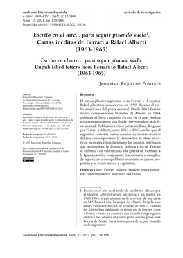 Escrito En El Aire... Para Seguir Pisando Suelo1. Cartas Inéditas De Ferrari a Rafael Alberti (1963-1965) Escrito En El Aire… Para Seguir Pisando Suelo