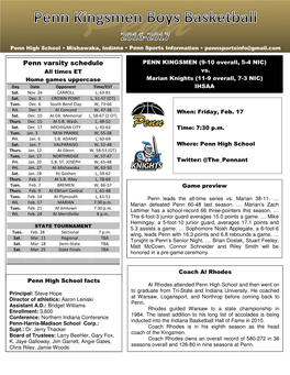 Penn Varsity Schedule PENN KINGSMEN (9-10 Overall, 5-4 NIC)