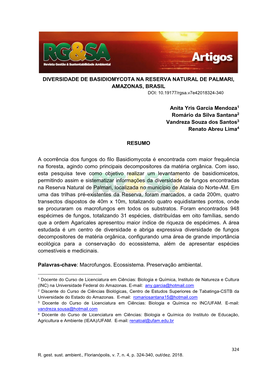 DIVERSIDADE DE BASIDIOMYCOTA NA RESERVA NATURAL DE PALMARI, AMAZONAS, BRASIL DOI: 10.19177/Rgsa.V7e42018324-340