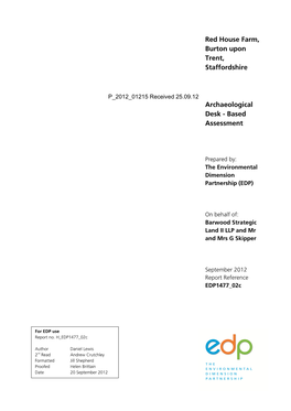 Red House Farm, Burton Upon Trent, Staffordshire Archaeological Desk–Based Assessment H EDP1477 02C