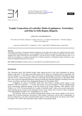 Lepidoptera: Tortricidae) and Oaks in Sofia Region, Bulgaria