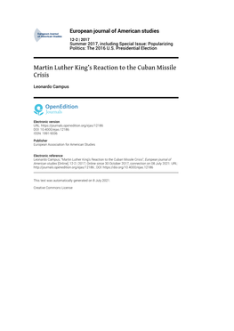 European Journal of American Studies, 12-2 | 2017 Martin Luther King’S Reaction to the Cuban Missile Crisis 2