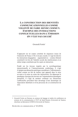 La Construction Des Identités Communicationnelles Comme Volonté De Faire Monde Commun
