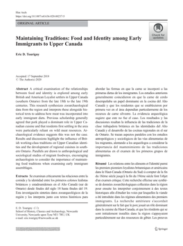 Food and Identity Among Early Immigrants to Upper Canada