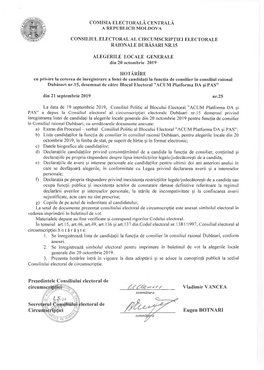 Comisia Electorală Centrală a Republicii Moldova Consiliul Electoral Al Circumscripţiei Electorale Raionale Dubăsari Nr.15 A