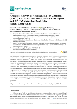 Analgesic Activity of Acid-Sensing Ion Channel 3 (ASIC3) Inhibitors: Sea Anemones Peptides Ugr9-1 and Apetx2 Versus Low Molecular Weight Compounds