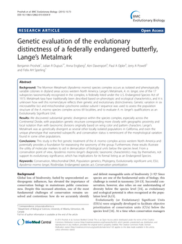 Genetic Evaluation of the Evolutionary Distinctness of a Federally Endangered Butterfly, Lange's Metalmark