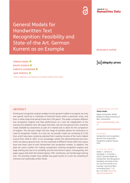 General Models for Handwritten Text Recognition: Feasibility and State-Of-The Art. German Kurrent As an Example