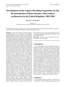 Development of the Captive Breeding Programme for the Re-Introduction of Hazel Dormice (Muscardinus Avellanarius) in the United Kingdom, 1982-1994