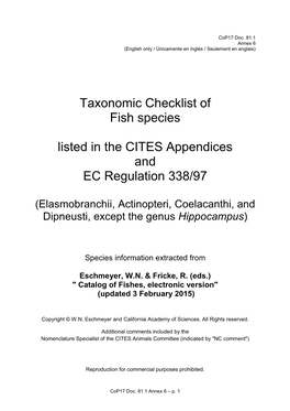 Taxonomic Checklist of Fish Species Listed in the CITES Appendices And
