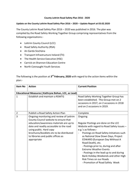 The County Leitrim Road Safety Plan 2016 – 2020 – Update Report at 03.02.2020