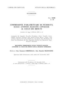 Relazione Territoriale Sulle Attività Illecite Connesse Al Ciclo Dei Rifiuti Nella Regione Lombardia