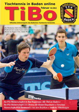 Tibo“ – Tischtennis in Baden Online – Ist Das Amt- Liche Organ Des Badischen Tischtennis-Verbandes