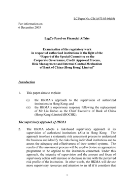 For Information on 6 December 2003 Legco Panel on Financial Affairs