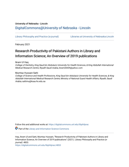 Research Productivity of Pakistani Authors in Library and Information Science; an Overview of 2019 Publications