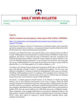 DAILY NEWS BULLETIN LEADING HEALTH, POPULATION and FAMILY WELFARE STORIES of the Day Monday 20190128