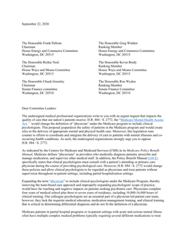 Joint Letter from Physician Groups Opposing Medicare Mental Health