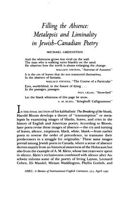 Metalef Sis and Liminality in Jewish-Canadian Poetry