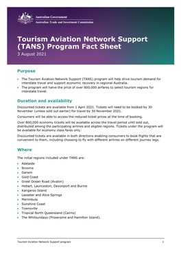 Tourism Aviation Network Support (TANS) Program Fact Sheet 3 August 2021