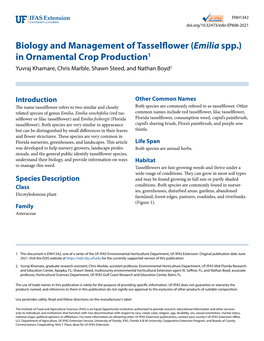 Biology and Management of Tasselflower (Emilia Spp.) in Ornamental Crop Production1 Yuvraj Khamare, Chris Marble, Shawn Steed, and Nathan Boyd2