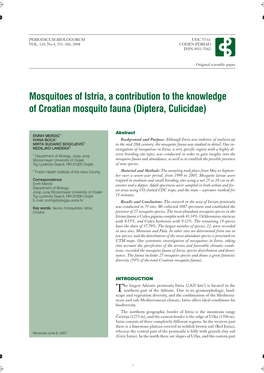 Mosquitoes of Istria, a Contribution to the Knowledge of Croatian Mosquito Fauna (Diptera, Culicidae)