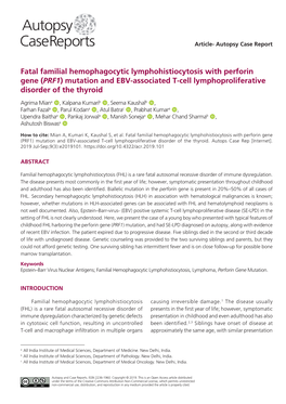 Fatal Familial Hemophagocytic Lymphohistiocytosis with Perforin Gene (PRF1) Mutation and EBV-Associated T-Cell Lymphoproliferative Disorder of the Thyroid