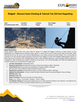 Raigad - Bhavani Kada Climbing & Takmak Tok 350 Feet Rappelling