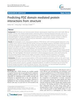 Predicting PDZ Domain Mediated Protein Interactions from Structure Shirley Hui1,2, Xiang Xing1,2 and Gary D Bader1,2,3*