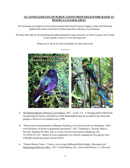 An Annotated List of Publications from Field Work Based at Reserva Las Gralarias