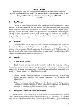 The Philippines As an Emerging Health Tourism Destination By: John Michael G
