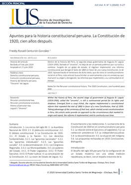 Apuntes Para La Historia Constitucional Peruana. La Constitución De 1920, Cien Años Después