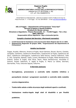 Regione Puglia ASL FG AZIENDA SANITARIA LOCALE DELLA PROVINCIA DI FOGGIA (Istituita Con L.R