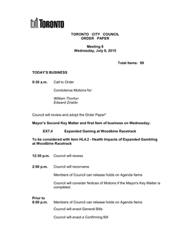 TORONTO CITY COUNCIL ORDER PAPER Meeting 8 Wednesday, July