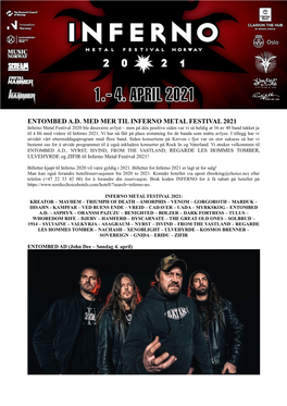 Entombed A.D. Med Mer Til Inferno Metal Festival 2021