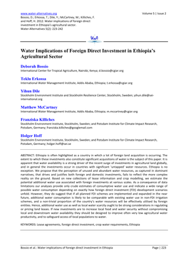 Water Implications of Foreign Direct Investment in Ethiopia's Agricultural