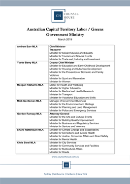 Australian Capital Territory Labor / Greens Government Ministry March 2019
