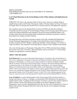 MEDIA ADVISORY for IMMEDIATE RELEASE from the UNIVERSITY of TORONTO 1 DECEMBER 2015 U of T Panel Discussion on the Syrian Refuge