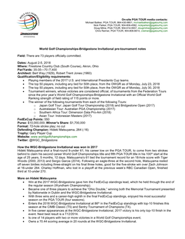 World Golf Championships-Bridgestone Invitational Pre-Tournament Notes