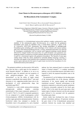 Gene Cluster in Micromonospora Echinospora ATCC15835 for the Biosynthesis of the Gentamicin C Complex