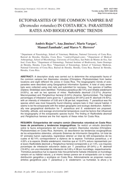 Desmodus Rotundus) in COSTA RICA: PARASITISM RATES and BIOGEOGRAPHIC TRENDS
