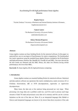 Accelerating R with High Performance Linear Algebra Libraries