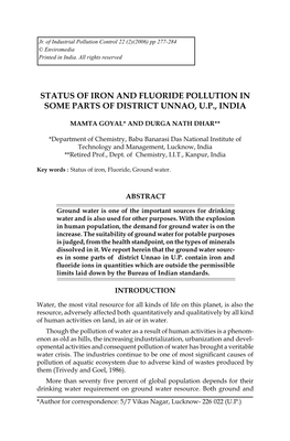 Status of Iron and Fluoride Pollution in Some Parts of District Unnao, U.P., India