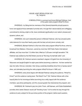 Filed for Intro on 05/25/2006 HOUSE JOINT RESOLUTION 1451 By